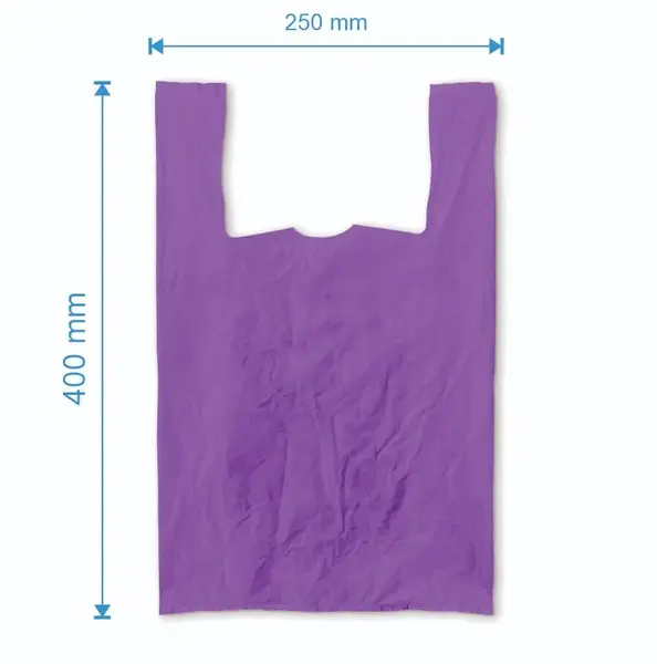 Sacosa maieu 250mm x 400mm - 50 microni grosime, cu pliuri de 60mm, virgin, culoarea mov