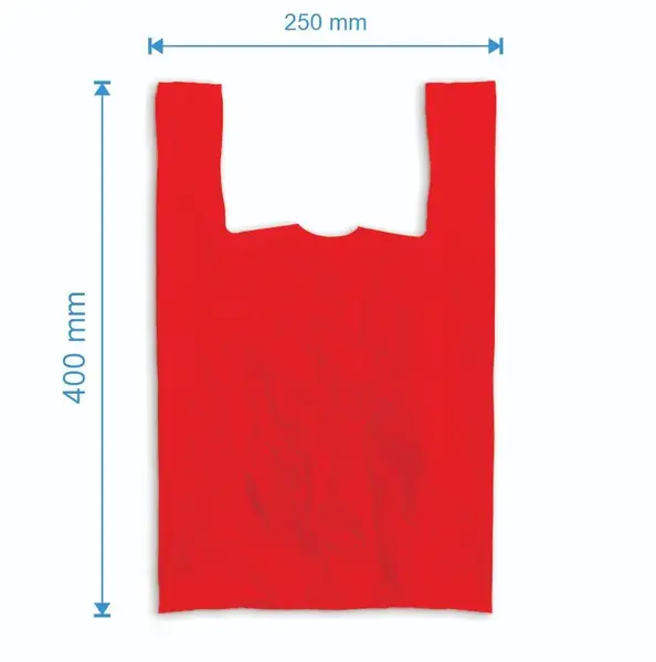 Sacosa maieu 250mm x 400mm - 50 microni grosime, cu pliuri de 60mm, reciclat, culoarea rosu