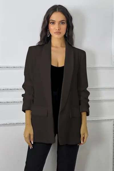 Sacou cu maneca incretita Alessia si buzunare decorative, Maro inchis, Marime S/M