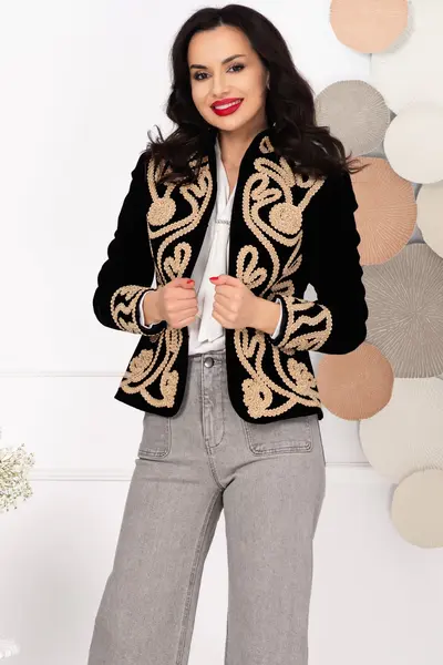 Sacou dama Effect din catifea neagra cu broderie aurie