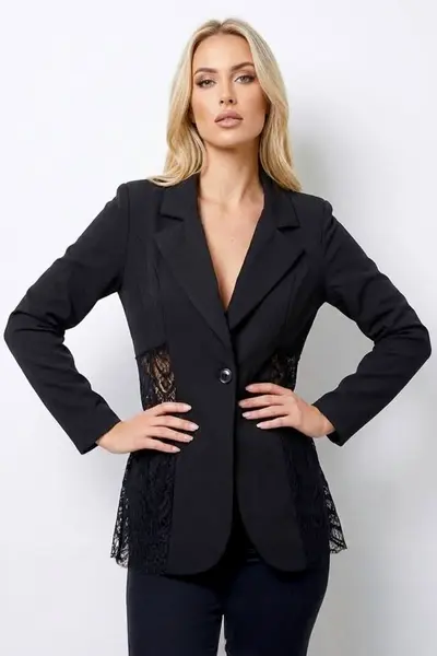 Sacou de ocazie Roselle, cu panou asimetric din dantela, Negru, Marime S/M