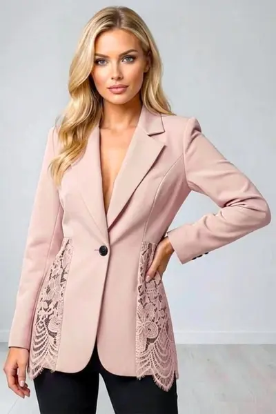 Sacou elegant Roselle, cu panou asimetric din dantela, Roz prafuit, Marime S/M