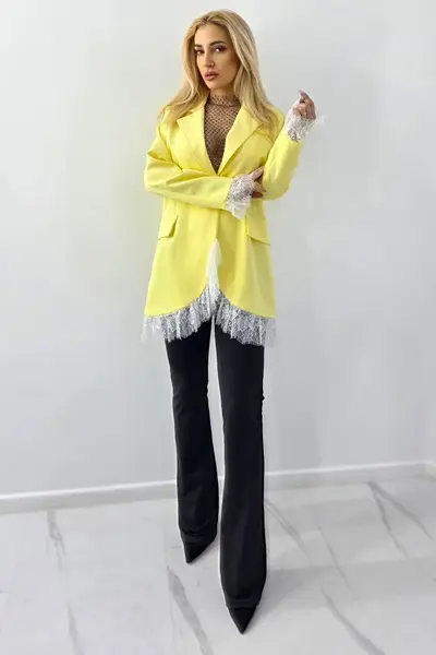 Sacou subtire, lung ELVIA, cu dantela si buzunare decorative, Galben, Marime S/M