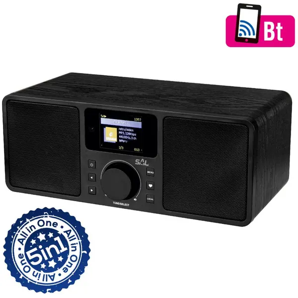 SAL Internet radio Bluetooth/WiFi 5 in 1, HiFi bass-reflex, control telecomanda/PC/Smartphone, LAN