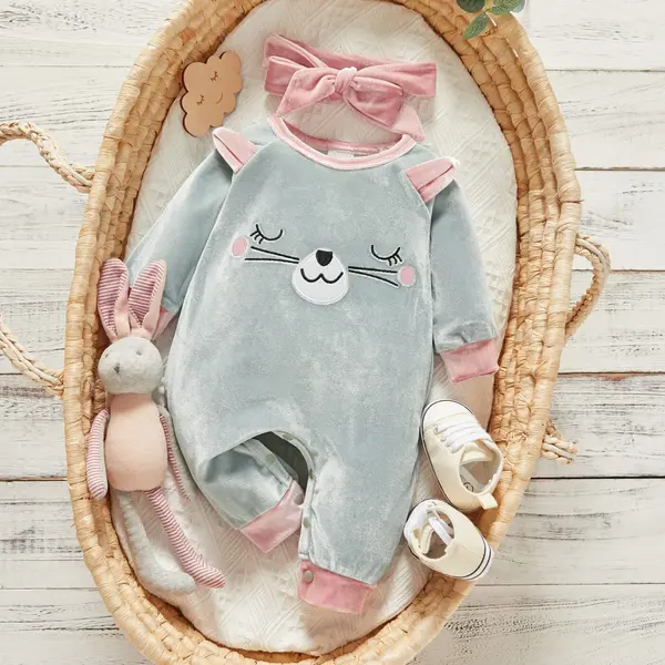 Salopeta de catifea si bentita pentru bebe BLUISH - 12-18 luni