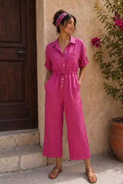 Salopeta de vara, din in, cu cordon in talie, fucsia