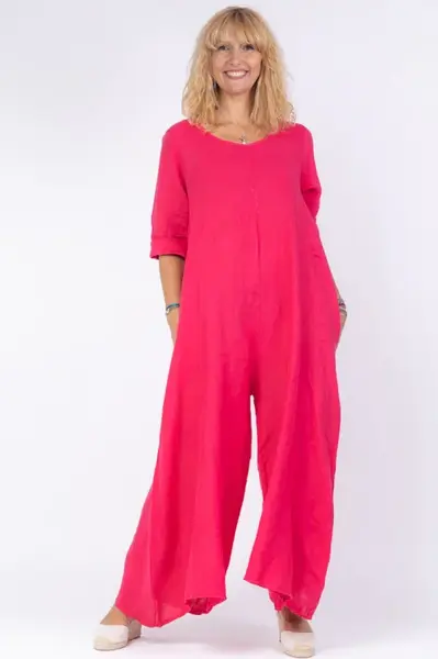 Salopeta de vara larga din in, cu maneci, fucsia