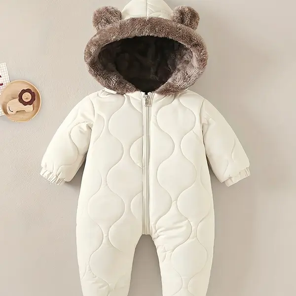 Salopetă unisex de iarnă călduroasă cu glugă, căptușită în polar - bej / 1-2ani