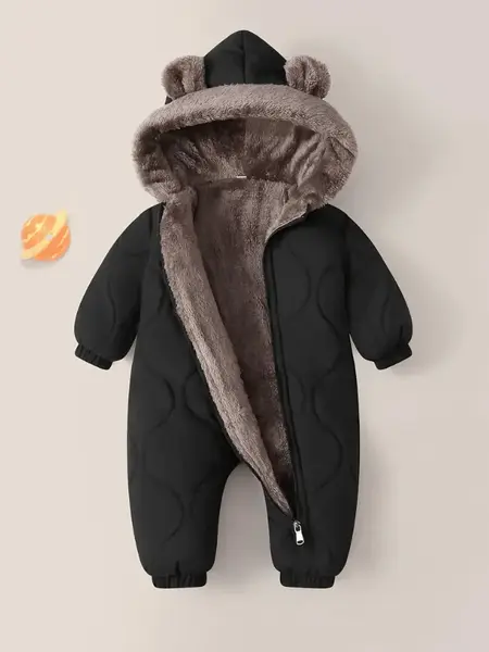 Salopetă unisex de iarnă călduroasă cu glugă, căptușită în polar - negru / 9-12luni