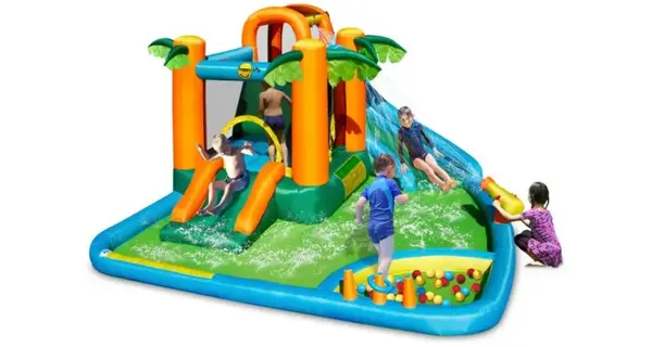 Saltea gonflabila oasis 7 in 1, cu loc de joaca cu bile, tun cu apa, spatiu de catarat, doua tobogane, 30 bile plastic inlcuse
