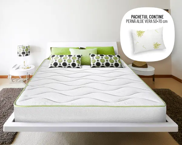 Saltea Ortopedica Green Future Aloe Vera 160x200 cm, memory foam, medie, 18 cm, anatomica, husa cu fibre de bambus tratat cu aloe vera, antialergica