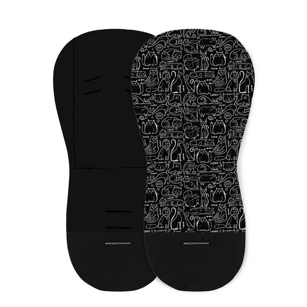 Salteluta pentru carucior, Petite&Mars, Din spuma cu memorie, 86 x 42 cm, Reversibila, Universala, Din bumbac, Design pisici, Negru