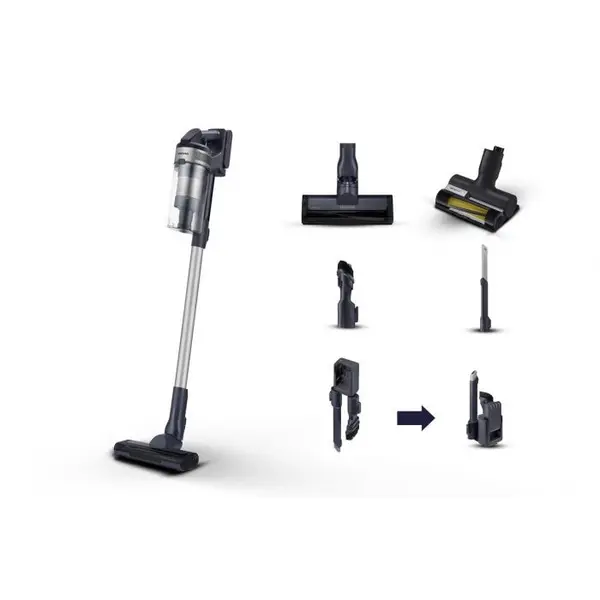 Samsung Aspirator vertical Samsung Jet 65 Pet, fara sac, 40 min autonomie, 250x1120mm, 0.8 L, 410 W, Negru -Argintiu