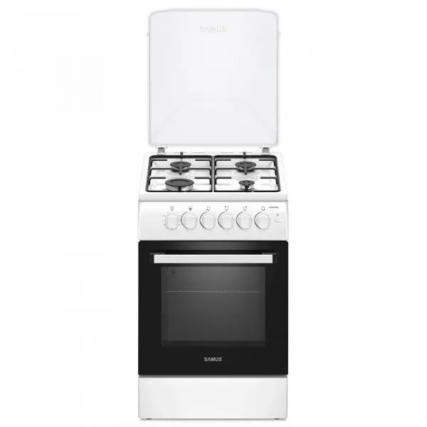 Samus Aragaz pe gaz SM561APBS, 4 arzatoare, cuptor pe gaz 54 litri, aprindere electrica plita, dispozitiv siguranta plita si cuptor, geam dublu la cuptor, timer mecanic, capac metalic, latime 50 cm, alb