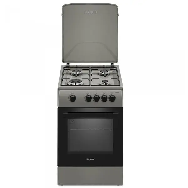 Samus Aragaz Samus SM561BSS, 4 arzatoare, Cuptor gaz, Geam dublu cuptor, Siguranta plita si cuptor, 50 cm latime, Argintiu