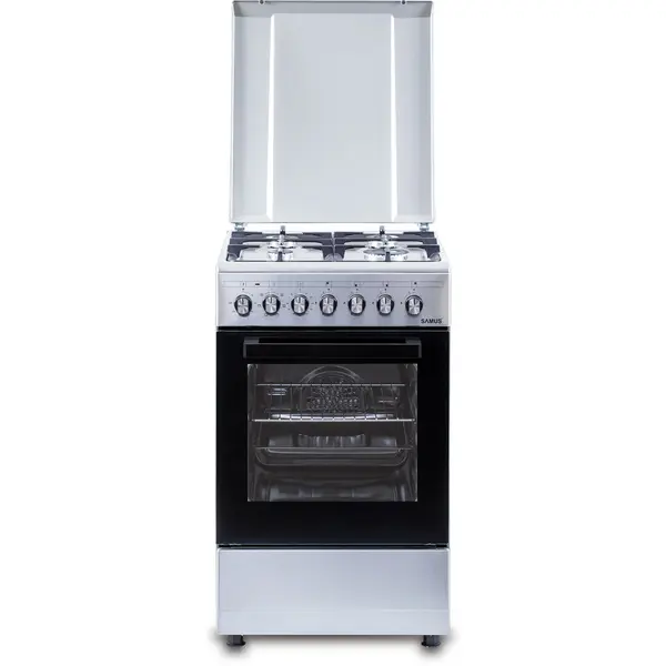 Samus Aragaz Samus SM562AENS1 60 x 60 cm, 1 arzator WOK, gratar fonta , aprindere electrica, ventilator, grill, timer mecanic, lumina interioara, gratar + tava cuptor, Inox