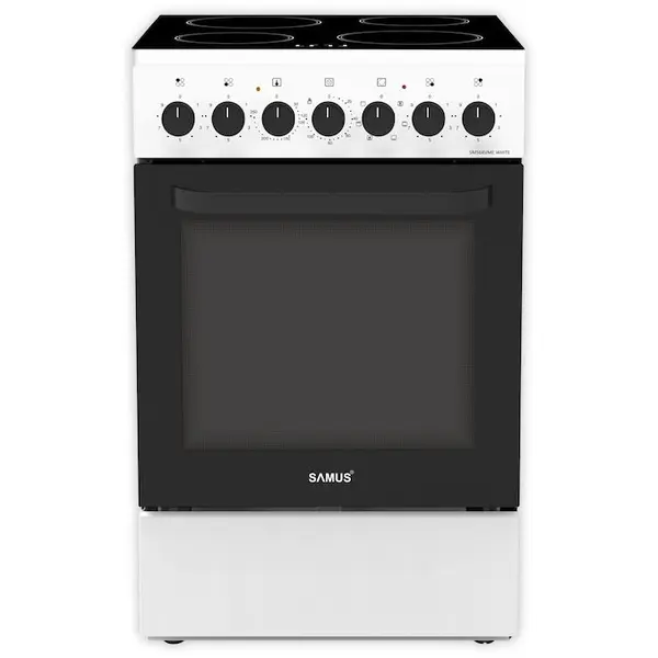 Samus Aragaz Samus SM568VME White, Full electric, 4 zone de gatit vitroceramice, 60L, 7 Functii de gatire, Alb