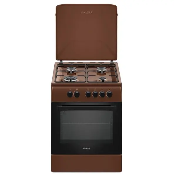 Samus Aragaz Samus SM664MBS, 4 arzatoare, cuptor pe gaz, 60 cm, timer, capac metalic, Maro