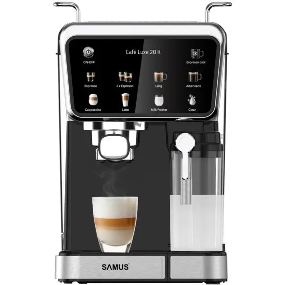 Samus Espressor Samus Cafe Luxe 20 K, 20 bari, Rezervor lapte 500 ml, 8 tipuri de bauturi, Cafea macinata sau capsule de cafea,1350 W, Rezervor de apa 1.5 litri, Touch Control, Negru-Inox