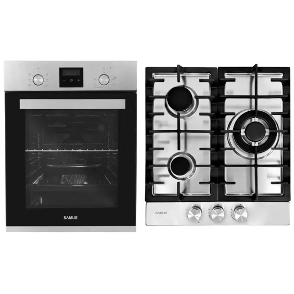 Samus PACHET SAMUS-45-X2, Cuptor electric incorporabil SCE458GTXV + plita pe gaz incorporabila PSG-43SX1, clasa A, 47 litri, 6 functii, 3 arzatoare, aprindere electrica, argintiu