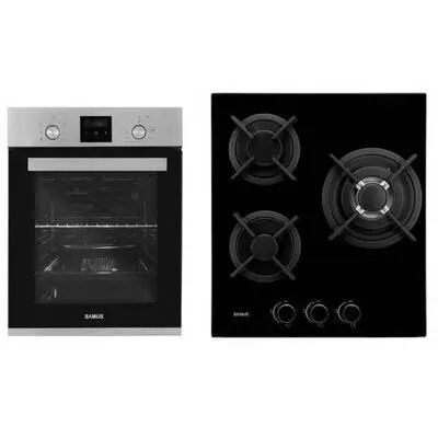 Samus Pachet Samus 45-XB3 Cuptor incorporabil Samus SCE458GTXV, 1900 W, 43 l, 6 functii, Clasa A, Grill, Timer, Ventilator + Plita incorporabila Samus PSG-43SG1, 3 arzatoare pe gaz, panou de control, Sticla, Negru