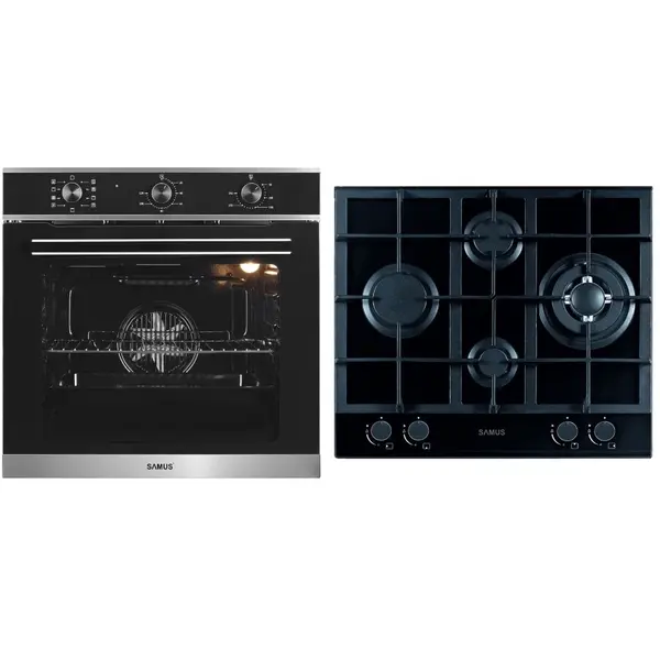 Samus PACHET SAMUS-B10, Cuptor electric incorporabil SC628GX9 + plita pe gaz incorporabila PSG-64SG2, clasa A, 75 litri, 9 functii, 4 arzatoare, aprindere electrica, negru + argintiu