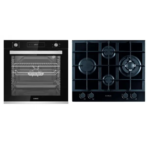 Samus Pachet Samus ONL15 Cuptor incorporabil Samus SCE828GCF3D, 80 l, 2500 W, 8 functii + Plita incorporabila Samus PSG-64SG2, Gaz, 4 arzatoare, Arzator WOK, Aprindere electrica, Negru