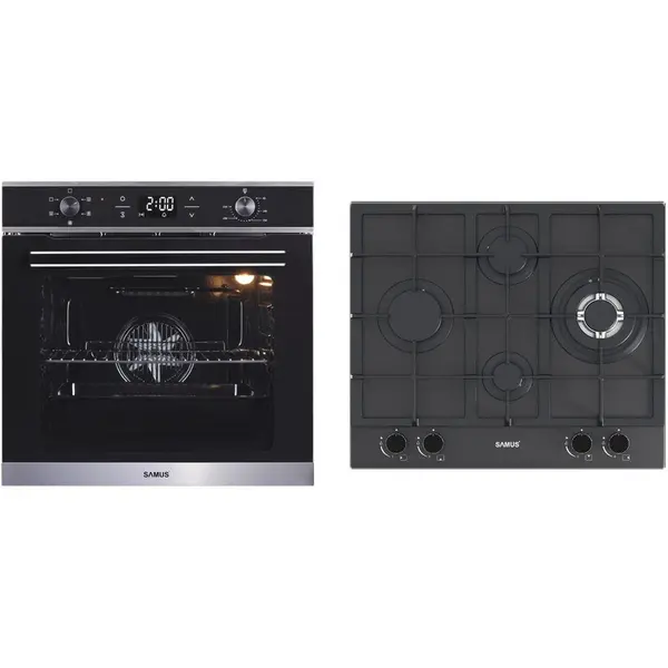 Samus Pachet Samus ONL37 Cuptor incorporabil Samus SC625GDX5, Electric, 75 L, 5 functii + Plita incorporabila SAMUS PSG-64SMGN2, Gaz, 4 arzatoare, Gratare din fonta, Aprindere electrica, Sticla mata, 58 cm,Negru-Inox