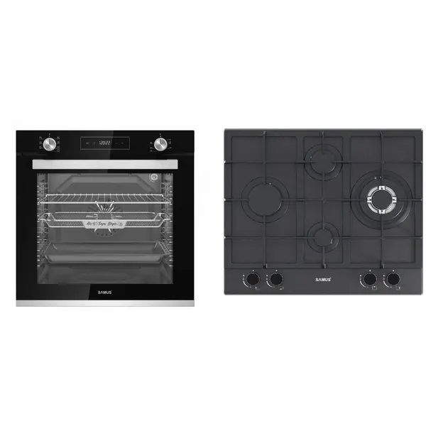 Samus Pachet Samus ONL48 Cuptor incorporabil Samus SCE827GCF, 80 l, 2500 W, 7 Functii, Clasa energetica A, Timer digital, Grill electric, Ventilator, Curatare catalitica (Negru) + Plita incorporabila SAMUS PSG-64SMGN2, Gaz, 4 arzatoare, 58 cm, Negru