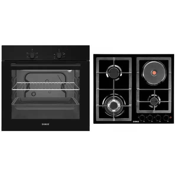 Samus Pachet Samus ONL51 Cuptor incorporabil Samus SC620G4B, 62 l, 2200 W, Grill, 4 functii, Iluminare interioara (Negru) + Plita Incorporabila Mixta Samus PSGE-63SB1, 3 arzatoare pe gaz + 1 arzator electric, Negru