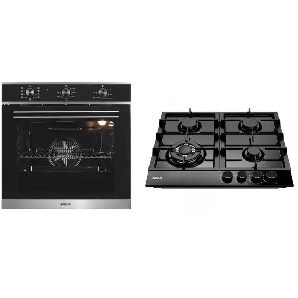 Samus Pachet Samus ONL8 Cuptor incorporabil Samus SC628GX9, 2800 W, 75 l, 9 Functii, Grill, Clasa A + Plita incorporabila PSG-64SMB1, 4 arzatoare pe gaz, 1 arzator triplu, Montata pentru gaz natural, Negru