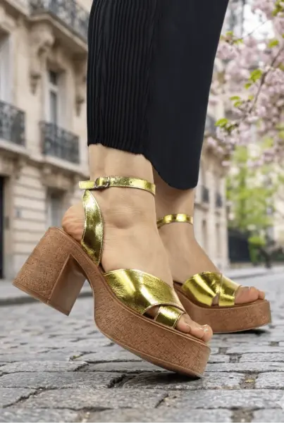 Sandale Dama cu Toc din Piele Galben Electric