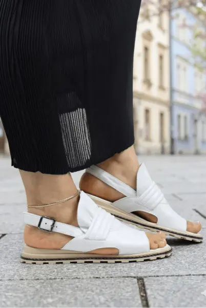 Sandale Dama din Piele Albe cu Catarama- CYPROSE