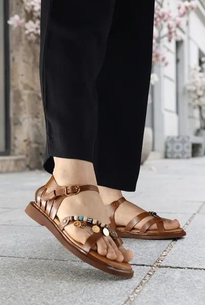 Sandale Dama din Piele cu Margele - IVEL BROWN