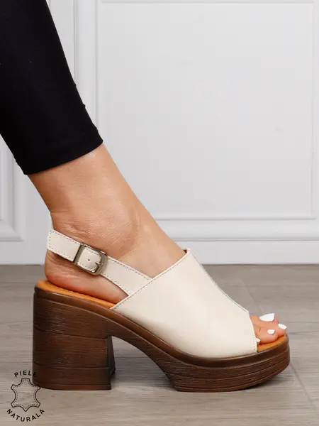 Sandale DAMA DIN PIELE NATURALA CU TOC GROS CRL1409 Bej