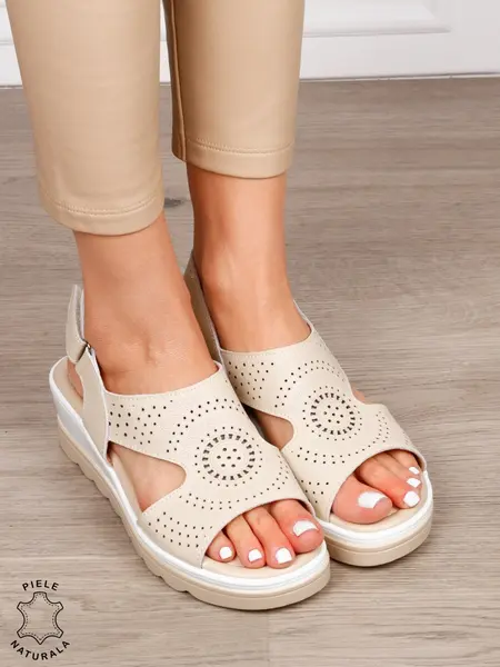 Sandale damă din piele naturală model casual cu barete simple CRL1663 BEJ