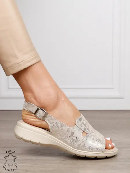 Sandale damă din piele naturală model modern cu imprimeu CRL1658 BEJ