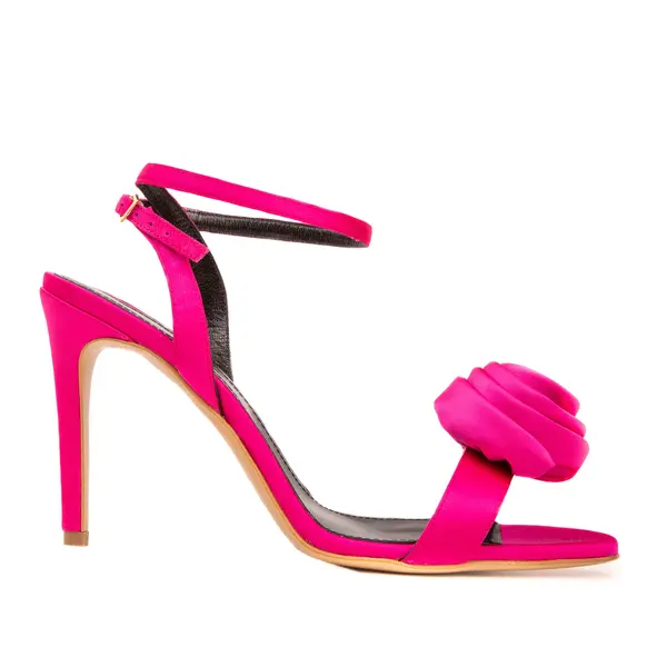 Sandale Lauren cu Floare Satin, Fucsia - 36 / 8 cm