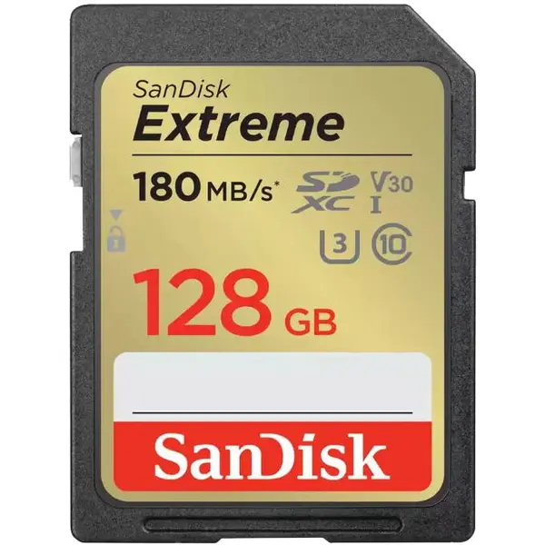 Sandisk Card de memorie SanDisk Extreme 128 GB SDXC pana la 180MB/s & 90MB/s Read/Write speeds, UHS-I, Class 10, U3, V30
