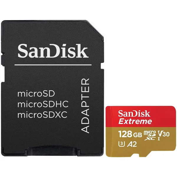 Sandisk Card de memorie SanDisk Extreme microSDXC 128GB, pentru Action Cams and Drones, pana la 190MB/s & 90MB/s Read/Write speeds A2 C10 V30 UHS-I U3 + SD Adapter