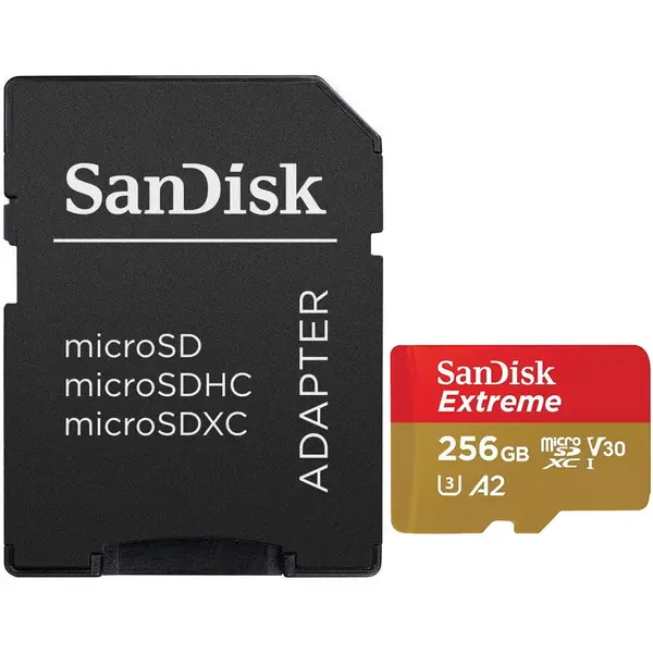 Sandisk Card de memorie SanDisk Extreme microSDXC 256 GB,pana la 190MB/s & 130MB/s Read/Write speeds A2 C10 V30 UHS-I U3 + SD Adapter