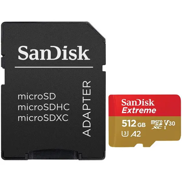 Sandisk Card de memorie SanDisk Extreme microSDXC 512GB, pana la 190MB/s & 130MB/s Read/Write speeds A2 C10 V30 UHS-I U3 + SD Adapter