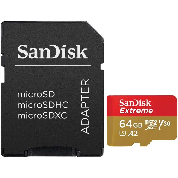 Sandisk Card de memorie SanDisk Extreme microSDXC 64 GB, pana la 170MB/s & 80MB/s Read/Write speeds A2 C10 V30 UHS-I U3 + SD Adapter
