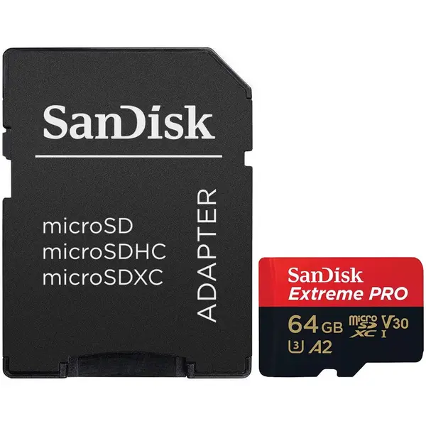 Sandisk Card de memorie SanDisk Extreme PRO microSDXC 64 GB,pana la 200MB/s & 90MB/s Read/Write speeds A2 C10 V30 UHS-I U3 + SD Adapter