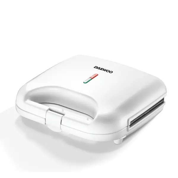 Sandwich maker Daewoo, 800 W, placi neaderente, incalzire controlata prin termostat, maner CoolTouch, clapeta de blocare, indicator luminos incalzire, Alb