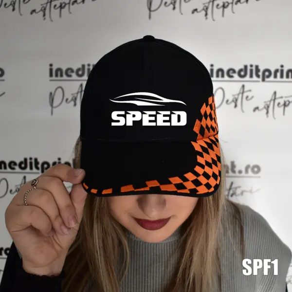 Sapca personalizabila cu LOGO sau TEXT - SPF1 GRAND PRIX, NEGRU CU PORTOCALIU