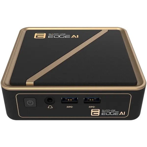 SAPPHIRE Mini PC Sapphire Edge AI 350 cu procesor AMD Ryzen™ AI 7 PRO 350 pana la 5.0GHz, fara RAM, fara SSD, AMD Radeon™ 860M, NO OS, Negru/Auriu