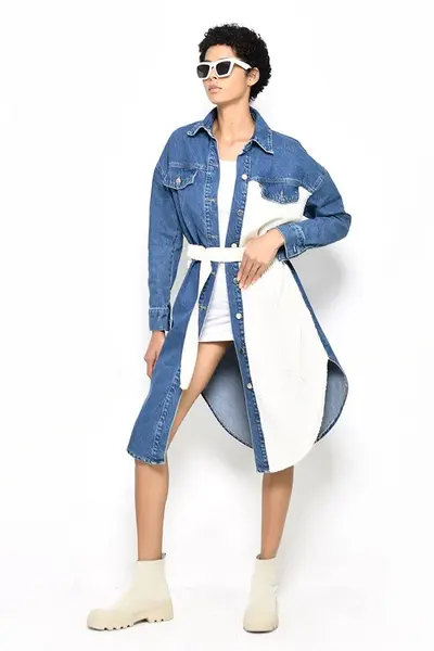 Sarafan Vivole, denim, inchidere cu nasturi, cordon in talie, bicolor
