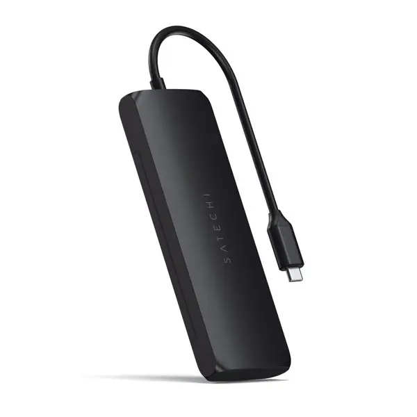 Satechi Hub hibrid USB-C Satechi din aluminiu, compartiment SSD, HDMI 4K, 2 x USB-A 3.1 Gen 2 pana la 10 Gbps, Negru