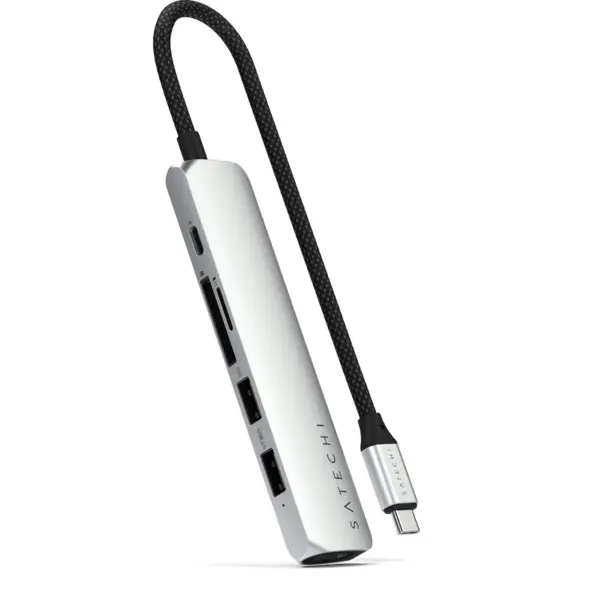 Satechi HUB USB Satechi Slim 6-in-1 ST-P6SS, USB-C PD 100 W, HDMI 4K, USB-A 3.2, USB-A 2.0, USB Type-C, Gigabit Ethernet, Argintiu